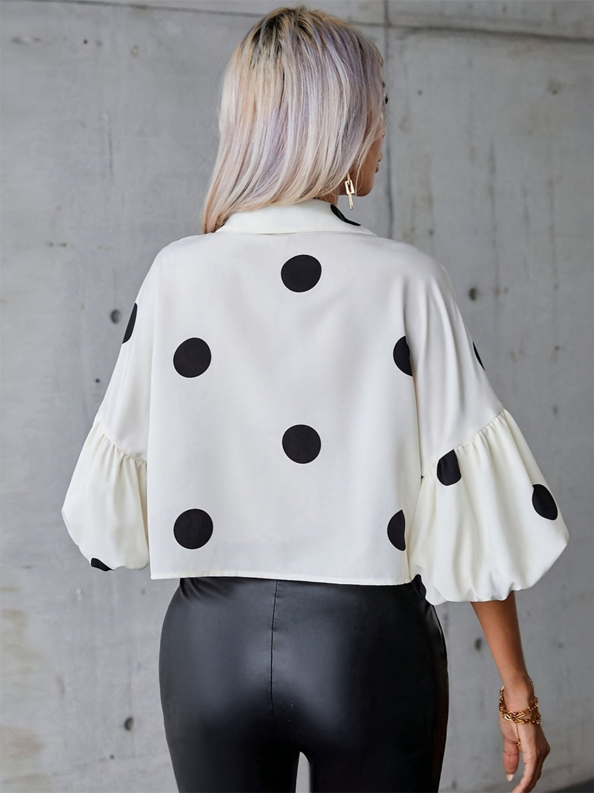 Polka Dots Splicing Balloon Sleeve Blouse