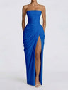 Pleated Slit Strapless Waist Maxi Dresses