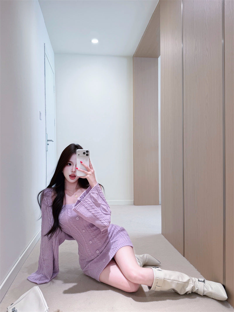 Knitted Elegant Fashion Set: Long-sleeved, Waist-cinching Sweater And Strapless Dress Two-Piece Set