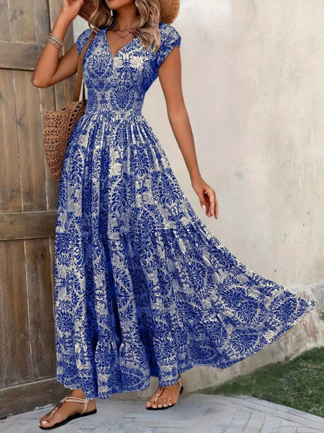 Floral Print V-neck Short Sleeve Large Skirt Maxi Dresses