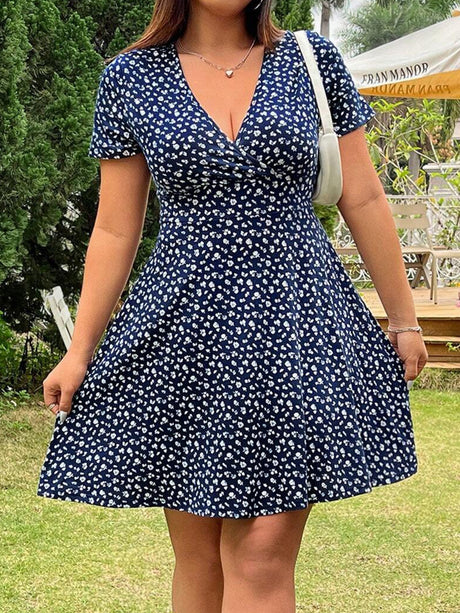 Floral Print V-neck Short Sleeve Mini&Short Dresses