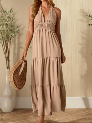 V-neck Halter Neck Lace-up Maxi Dresses