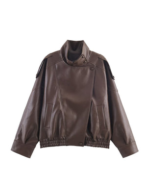 Pocket Stand-up Collar Faux Leather Jacket