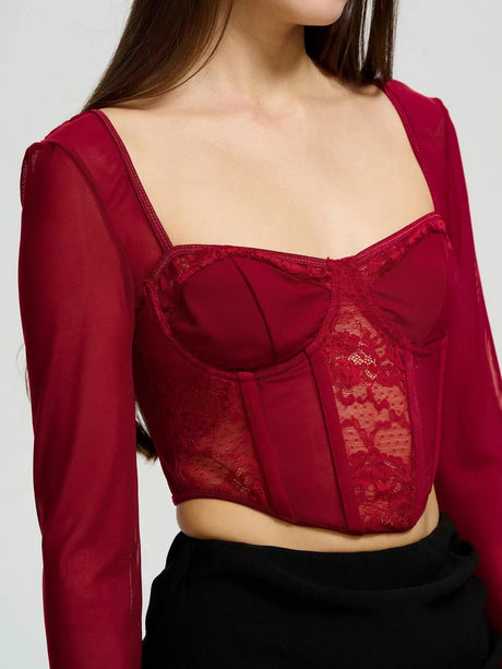 Lace See-through Herringbone Collar Spliced Long Sleeve Tops