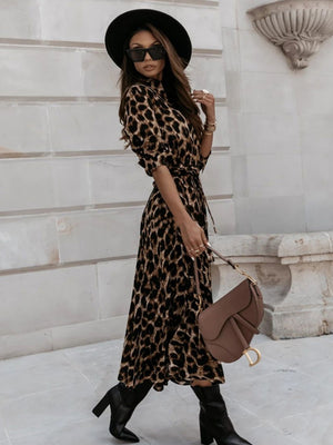 Leopard Print Long Sleeves Large Skirt Maxi Dresses