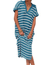 Stripes V-neck Short Sleeve Low-split Lapel Maxi Dresses