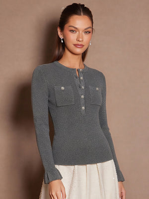 Half-open Metal Button Pocket Ruffle Sleeve Pullover Sweater