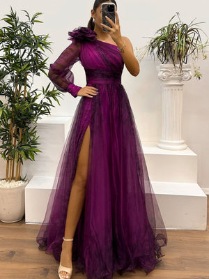 Sloping Shoulders Mesh Printed Reunion Maxi Dresses