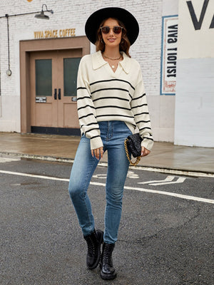 Liber Autumn Women's V-neck Contrasting colors Stripes Jacket Woolen