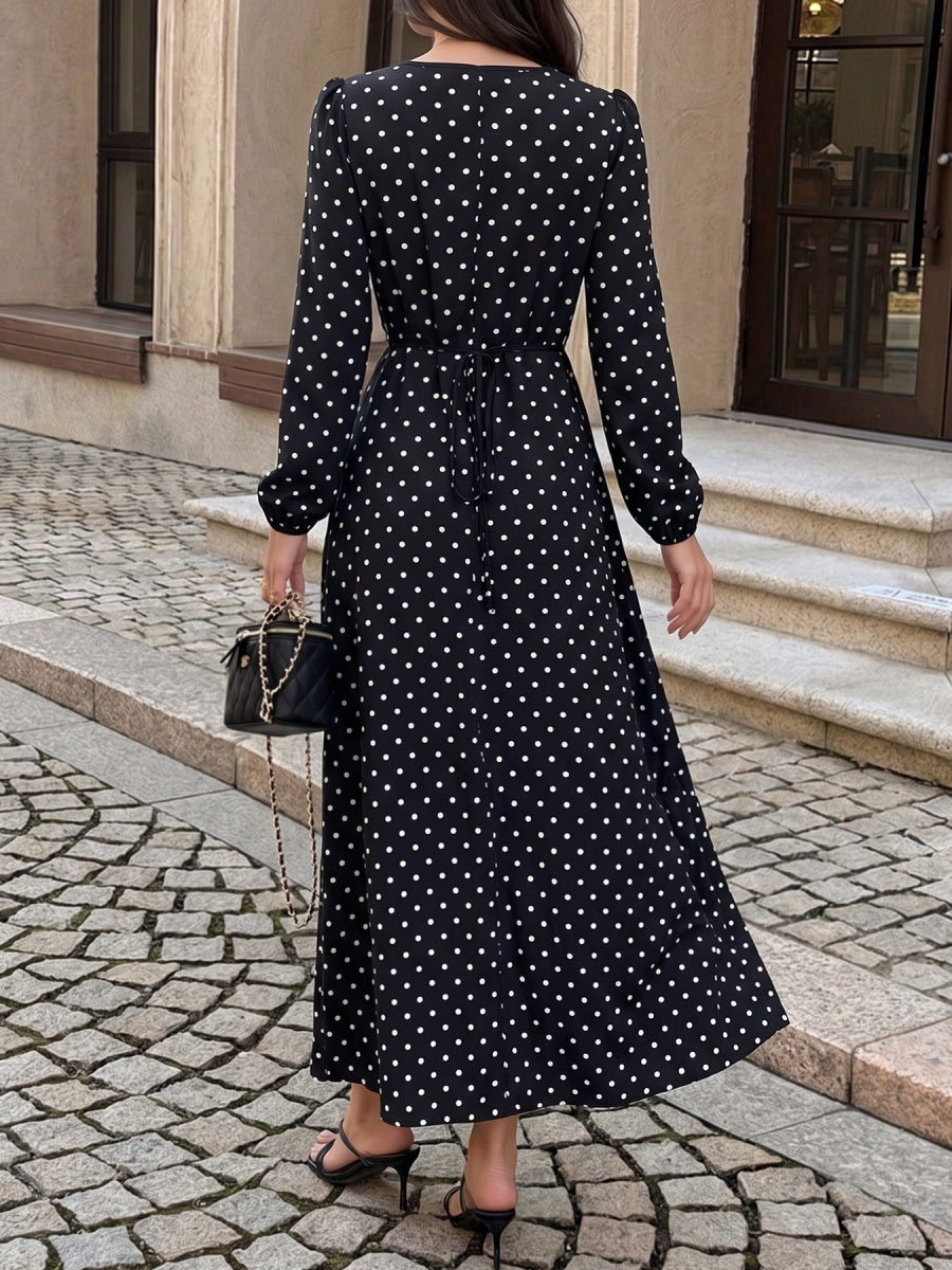 Lace-up Lace Polka Dots Splicing Polka Dots Maxi Dresses