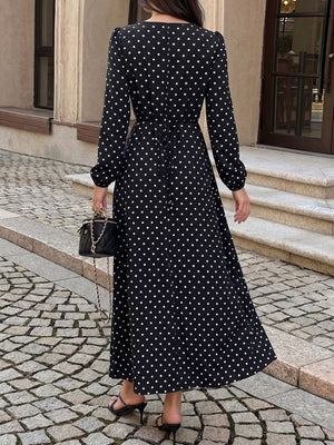 Lace-up Lace Polka Dots Splicing Polka Dots Maxi Dresses