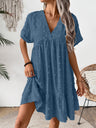 Ruffled Hem V-neck With Rolled-up Sleeves Mini&Short Dresses