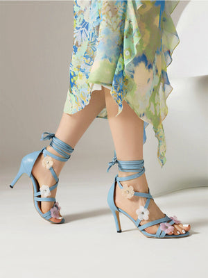 Color-blocked Floral Bohemian Style High-heeled Strappy Sandals