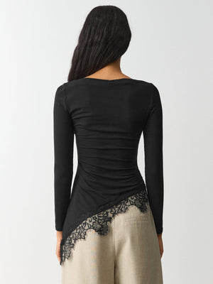 New Women's Simple Solid Color Design, Lace Trim And Slits At The Hem, Slim Fit Long Sleeve Top