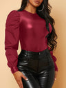 PU Patent Leather Crew Neck Long Sleeve Lantern Sleeve Shirt T-shirts