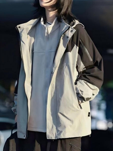 Workwear Style Color Matching Zipper Hooded Coat