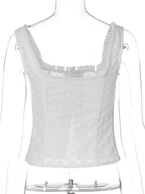 Lace Trim Square Neck Button Drawstring Camisoles