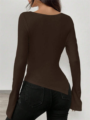 V-neck, Off-shoulder, Two-way Design, Slim Fit, Pleated, Irregular Long-sleeved T-shirt