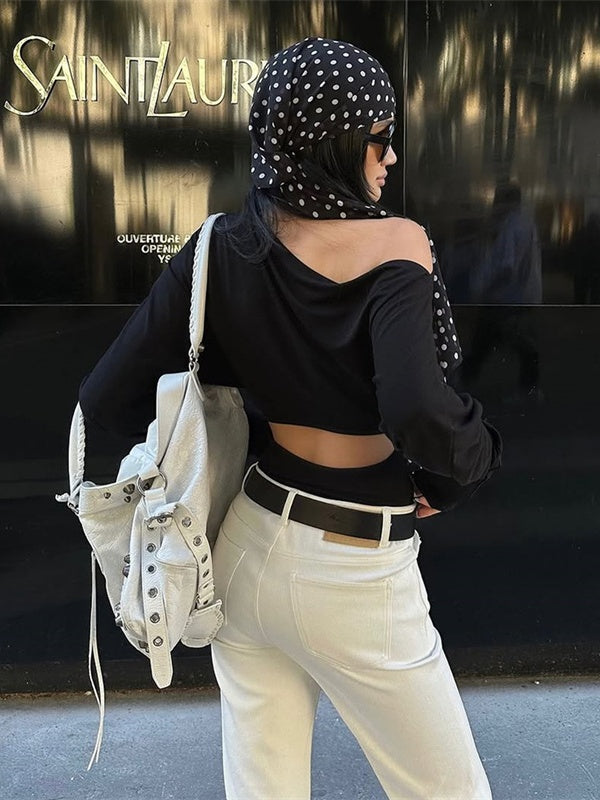 Fashionable Street Style Off-shoulder Long-sleeved Slim-fit T-shirt