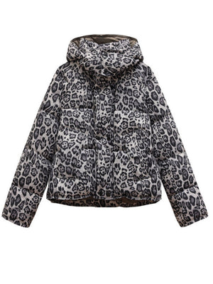 Detachable Pocket Leopard Bread Loose Short Hooded Zippered Cotton Jacket