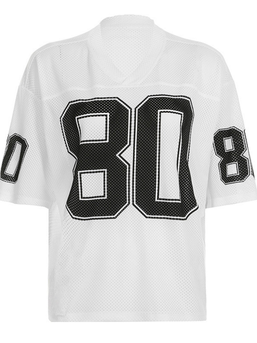 Contrasting Colors Number V-neck, Loose, Casual Basic T-shirts