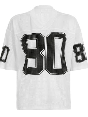 Contrasting Colors Number V-neck, Loose, Casual Basic T-shirts