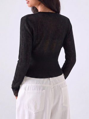 Lace Knitwear Slim-fit V-neck Solid Color Blouse&Shirts