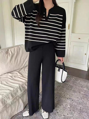 Stylish Two-piece Set: Loose Striped Knit Top, Casual High-waisted Wide-leg Knit Pants