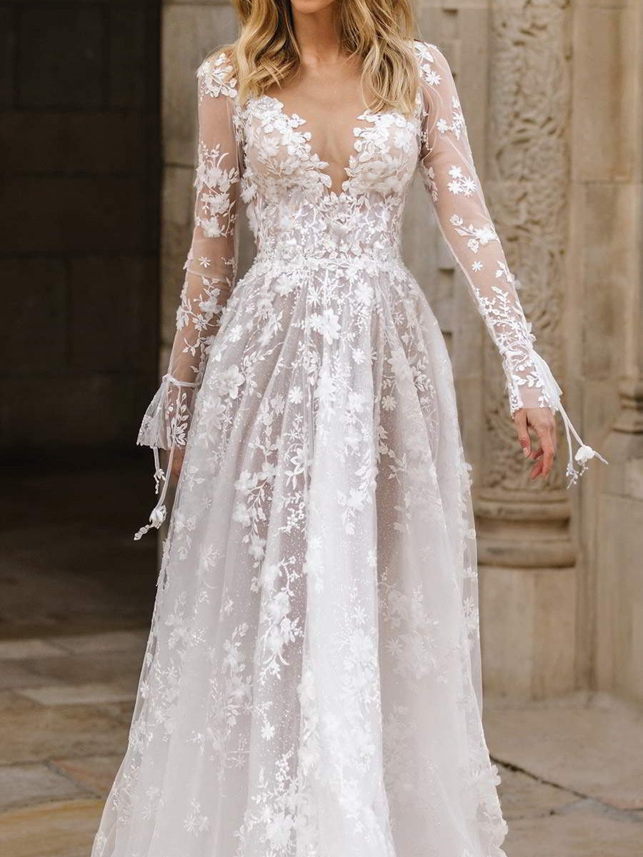 Sexy Long Sleeve V-neck Bridal Wedding Dress Maxi Dresses
