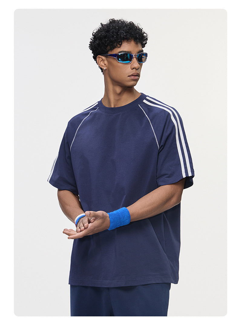 Hasselblad Stripes Short Sleeves Pants Color-blocked Set