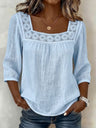 Lace Trim Cotton And Linen Square Neckline And Three-quarter Sleeves T-shirts