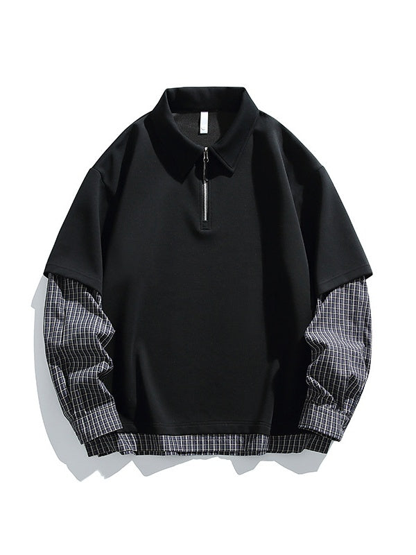 Layered-look Color-blocked Plaid Notch-Collar Zipper Sweatshirts&Hoodies