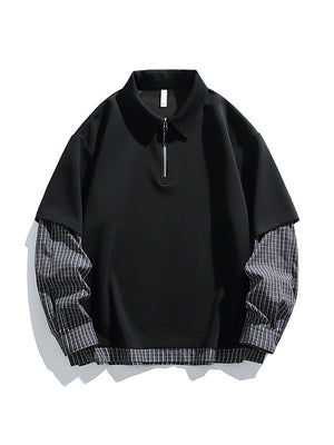 Layered-look Color-blocked Plaid Notch-Collar Zipper Sweatshirts&Hoodies
