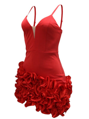 3D-Blumen-Kleider mit tiefem V-Ausschnitt, Neckholder-Oberteil und Faltenrock zum Valentinstag