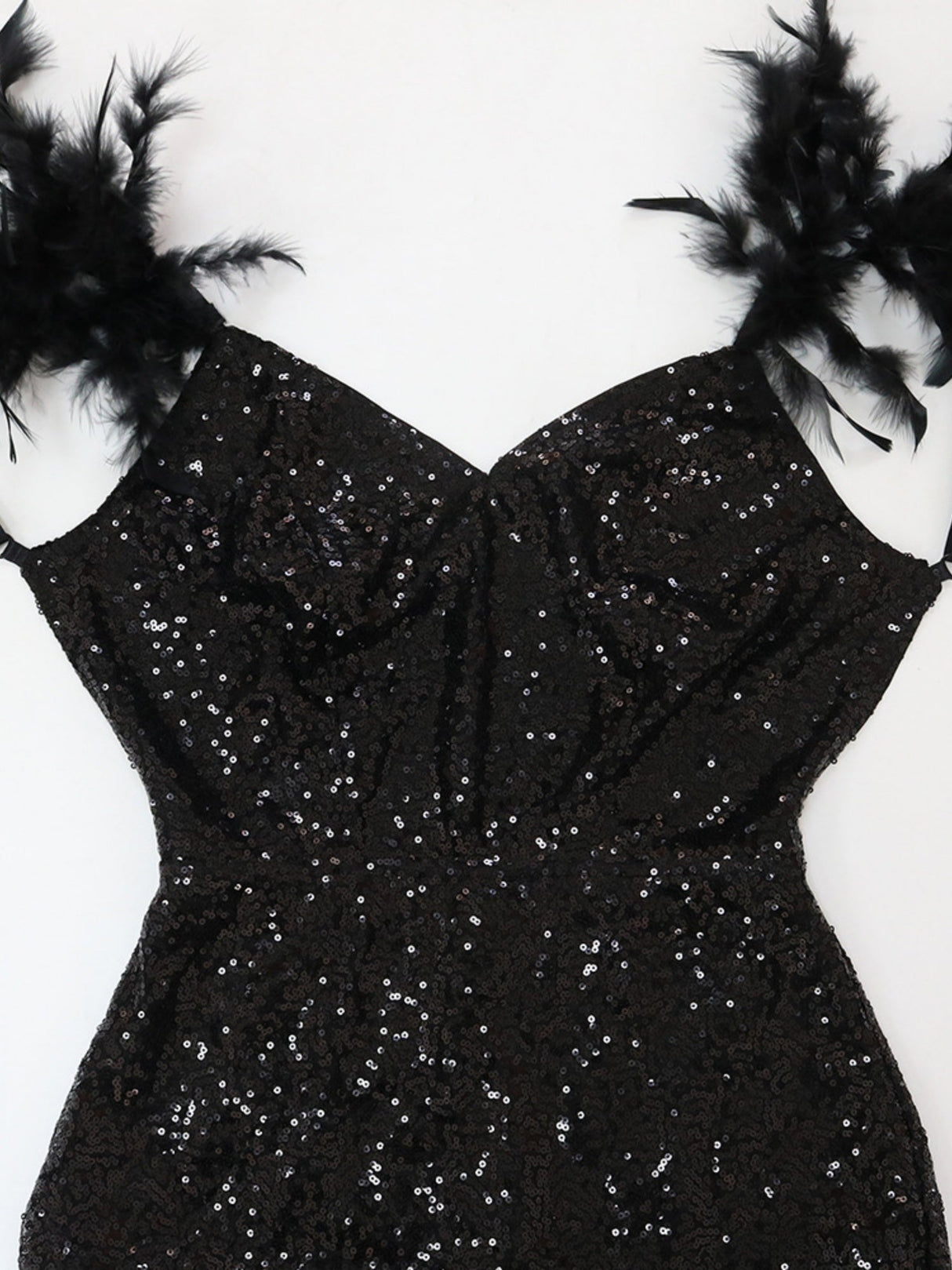 Feather Splicing Sequined V-neck Backless Evening Gown High-slit Suspenders Maxi Dresses