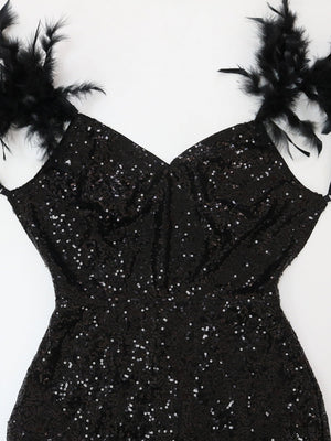 Feather Splicing Sequined V-neck Backless Evening Gown High-slit Suspenders Maxi Dresses