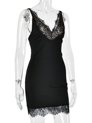 Lace Trim Deep V-neck Sleeveless Bodycon Mini&Short Dresses