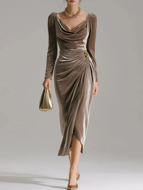 Velvet Cowl Neck Midi Party Dress