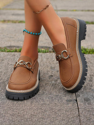 Solid Color Platform Loafers With Metal Buckles
