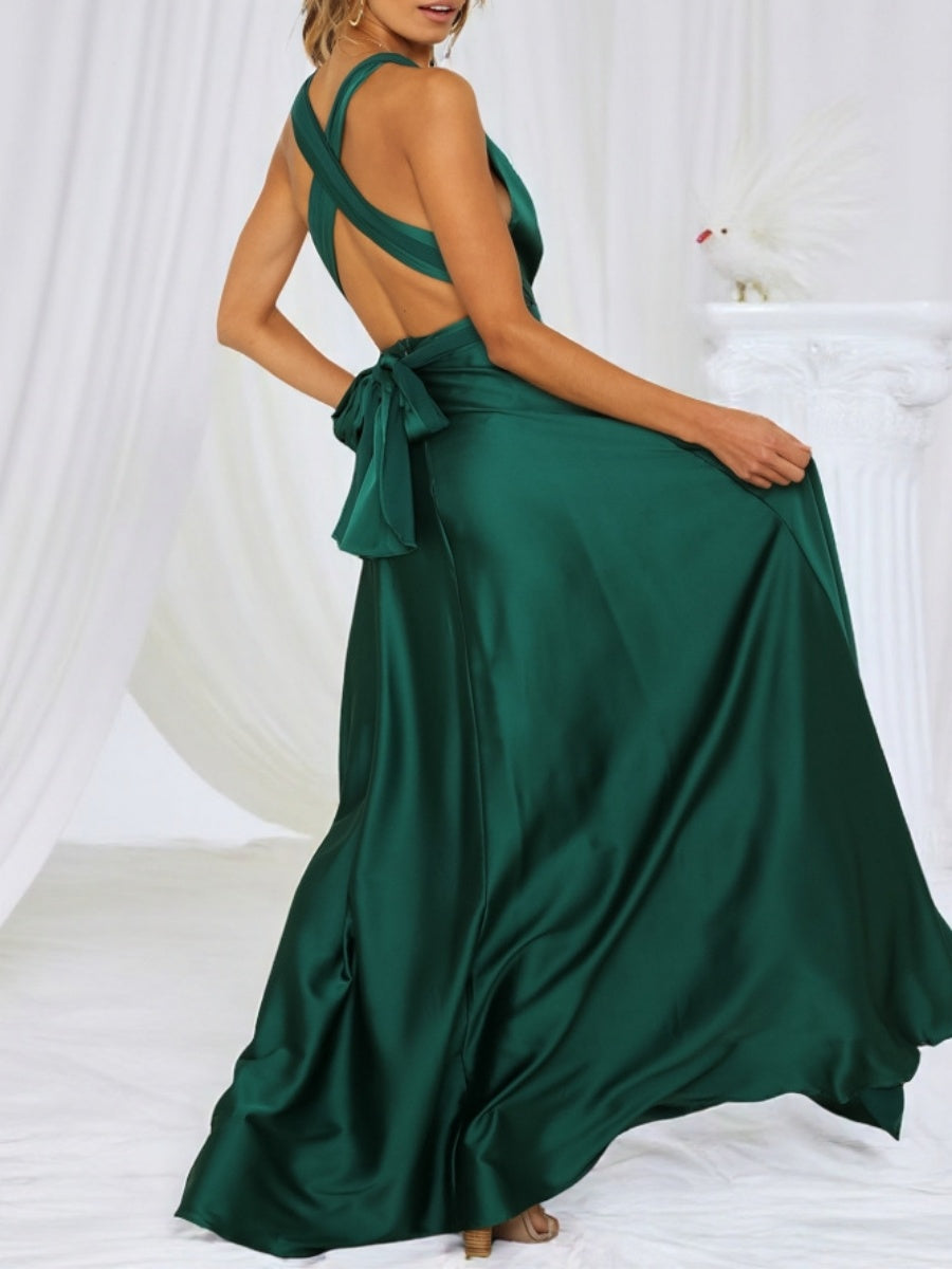 V-neck Satin Ribbon Long Skirt Parties Maxi Dresses