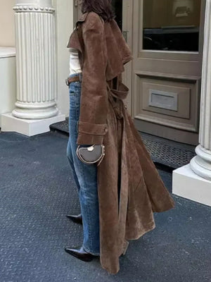 Waist Tie Long Coat Loose-fitting Trench Coat For Commuting