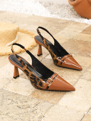 Pointed-toe Leopard Print Patchwork Open-back High Heels