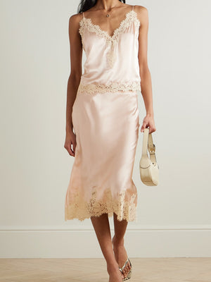 Lace Stitching Satin Camisoles Skirt 2-piece Sets