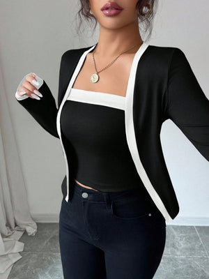 Square Neck Suspenders Long-sleeved Cardigan In Black And White Color Blocking Slim Fit Workplace Casual Two-piece Outfit