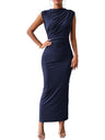 Robe maxi sans manches plissée coupe ajustée, couleur unie