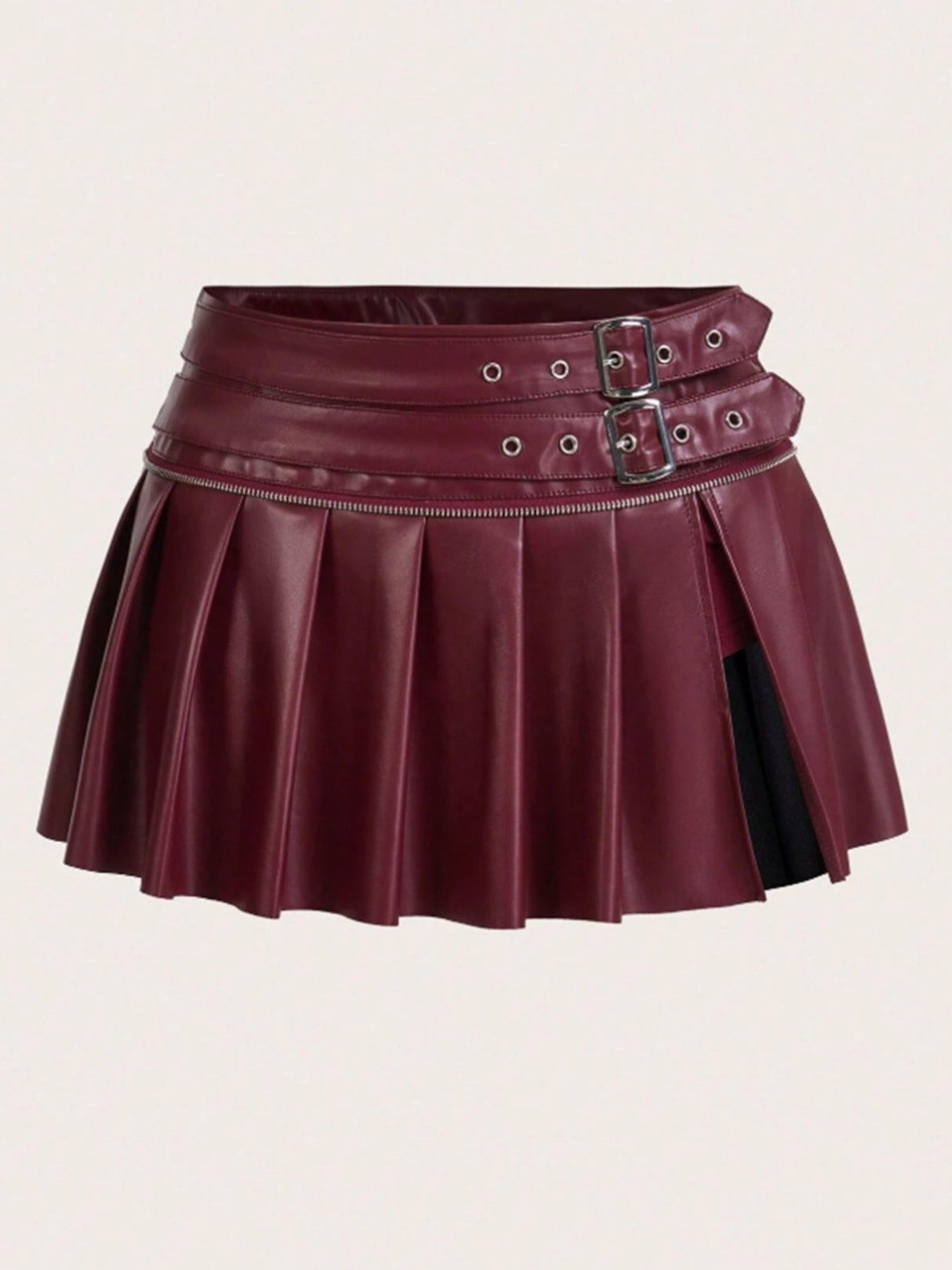 PU High-waisted Slit Belt Decoration Pleated Skirt