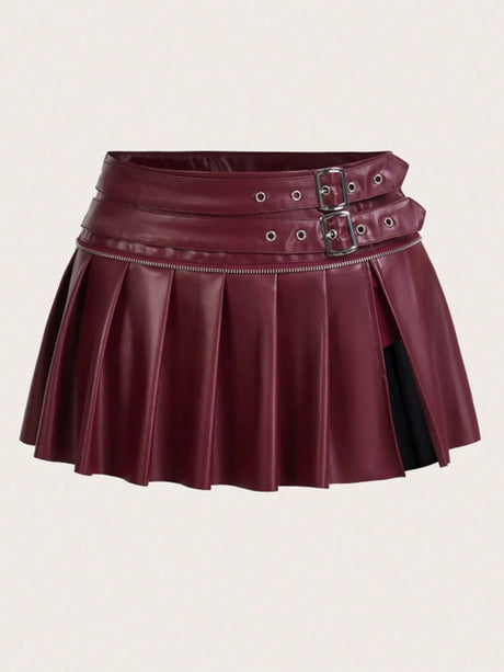 PU High-waisted Slit Belt Decoration Pleated Skirt