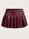 PU High-waisted Slit Belt Decoration Pleated Skirt