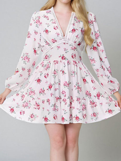Floral Lace Deep V-neck Waist Puff Sleeve Sweet Mini&Short Dresses