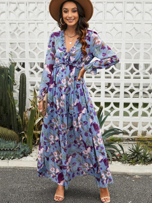 Robes maxi à imprimé floral, col en V et manches lanternes